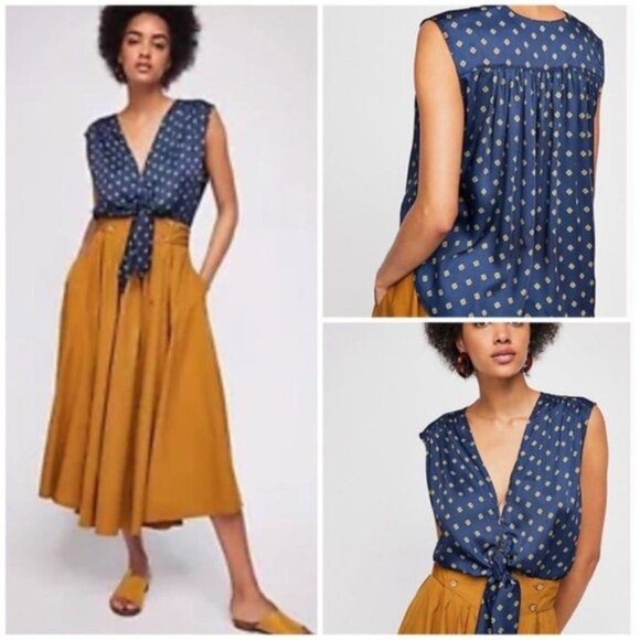 Free People Tops - Free People Large Top Sleeveless Tie Up Vest Navy Blue & Yellow NEW WITH TAG